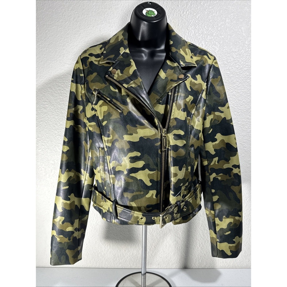 Michael Kors Army Camo Vegan Leather Moto Biker Jacket Medium Military Chic